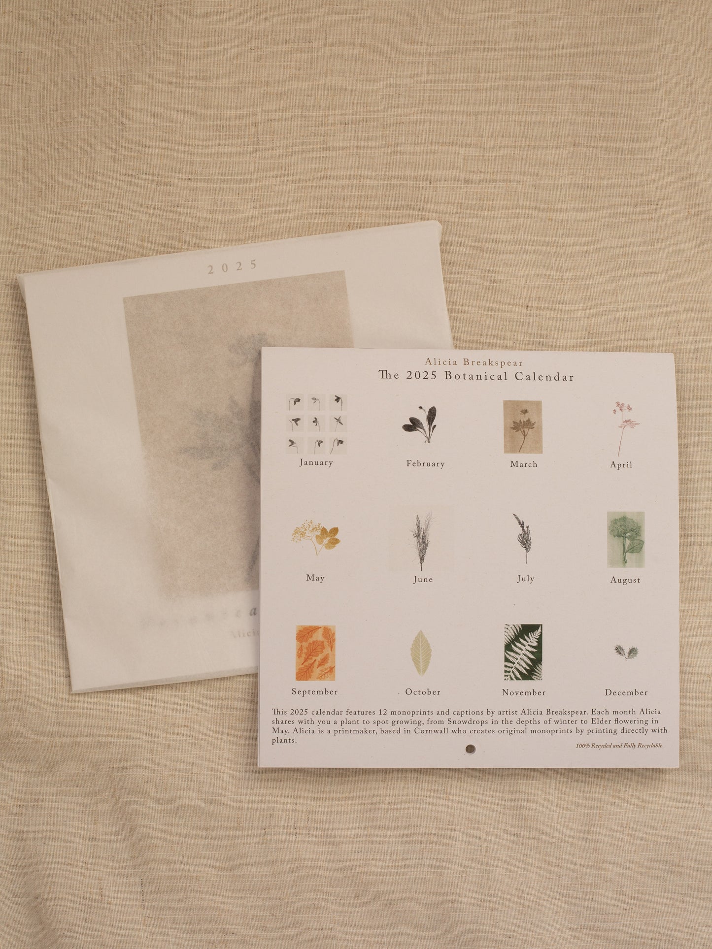 The back page of the 2025 calendar featuring the 12 months and the prints for each one