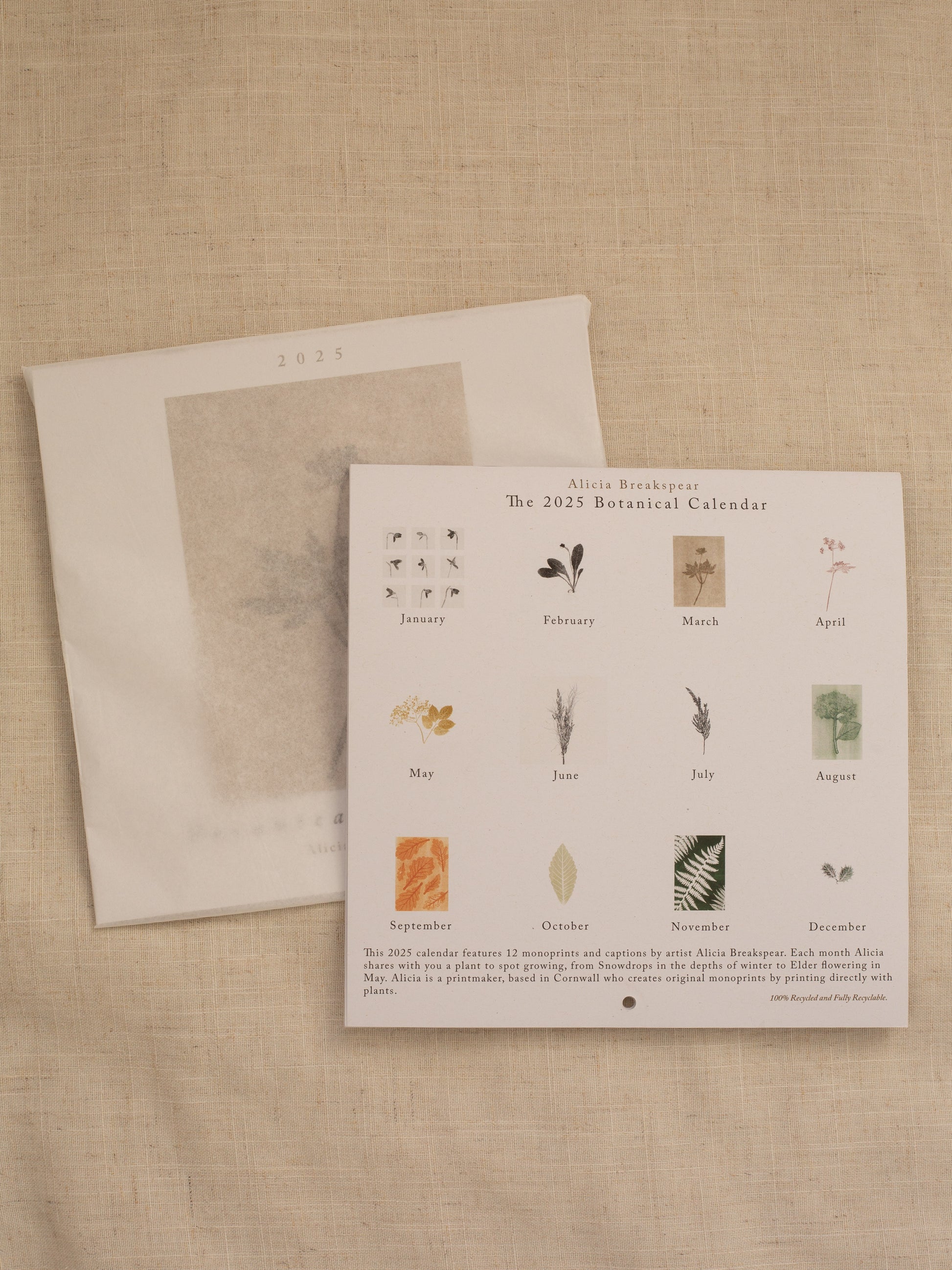 The back page of the 2025 calendar featuring the 12 months and the prints for each one