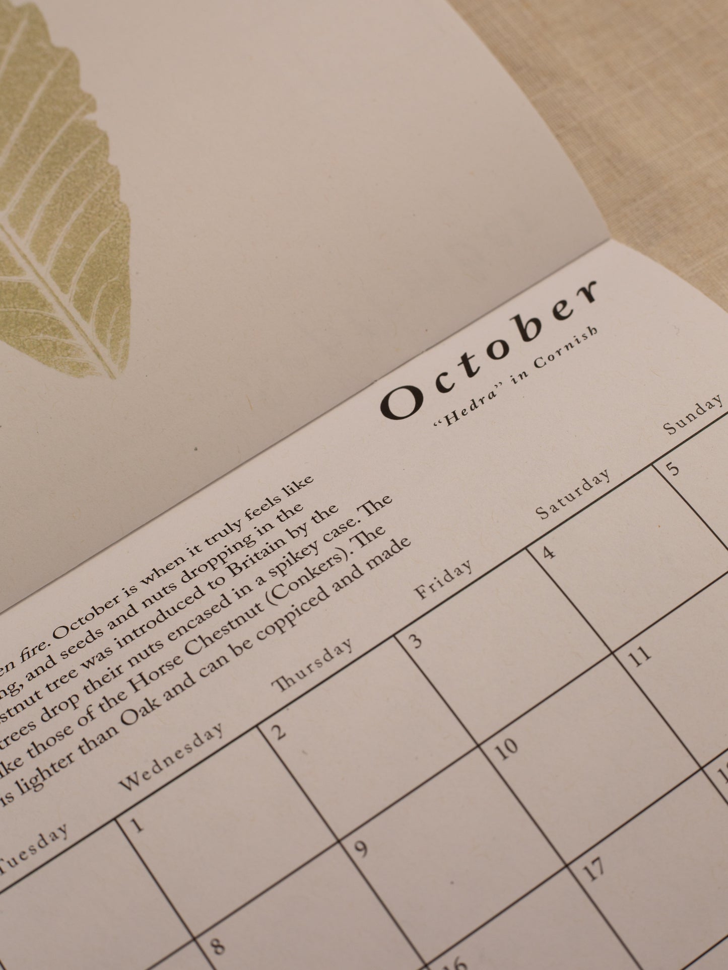 Close up on the October month in the 2025 wall calendar