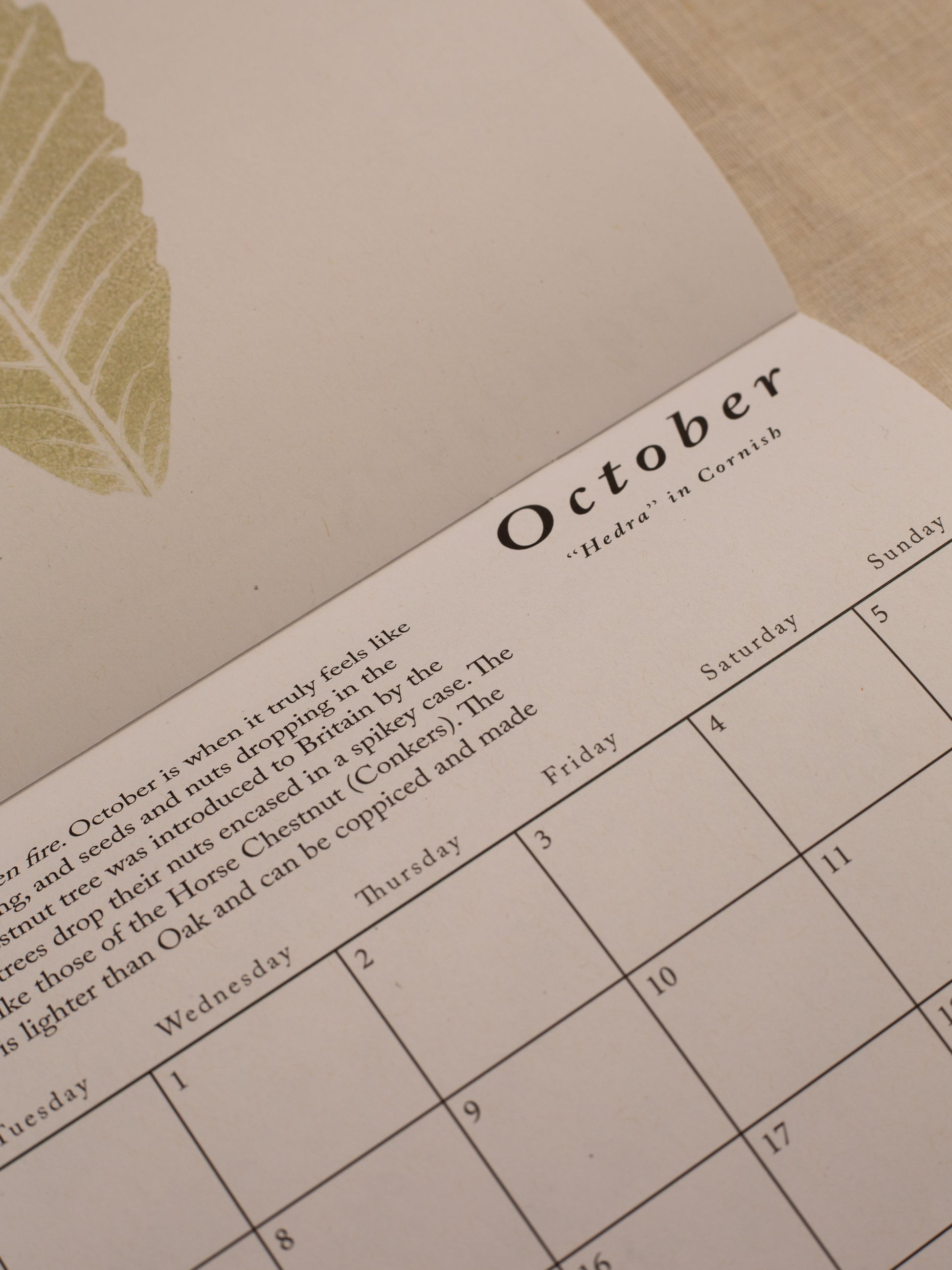 Close up on the October month in the 2025 wall calendar