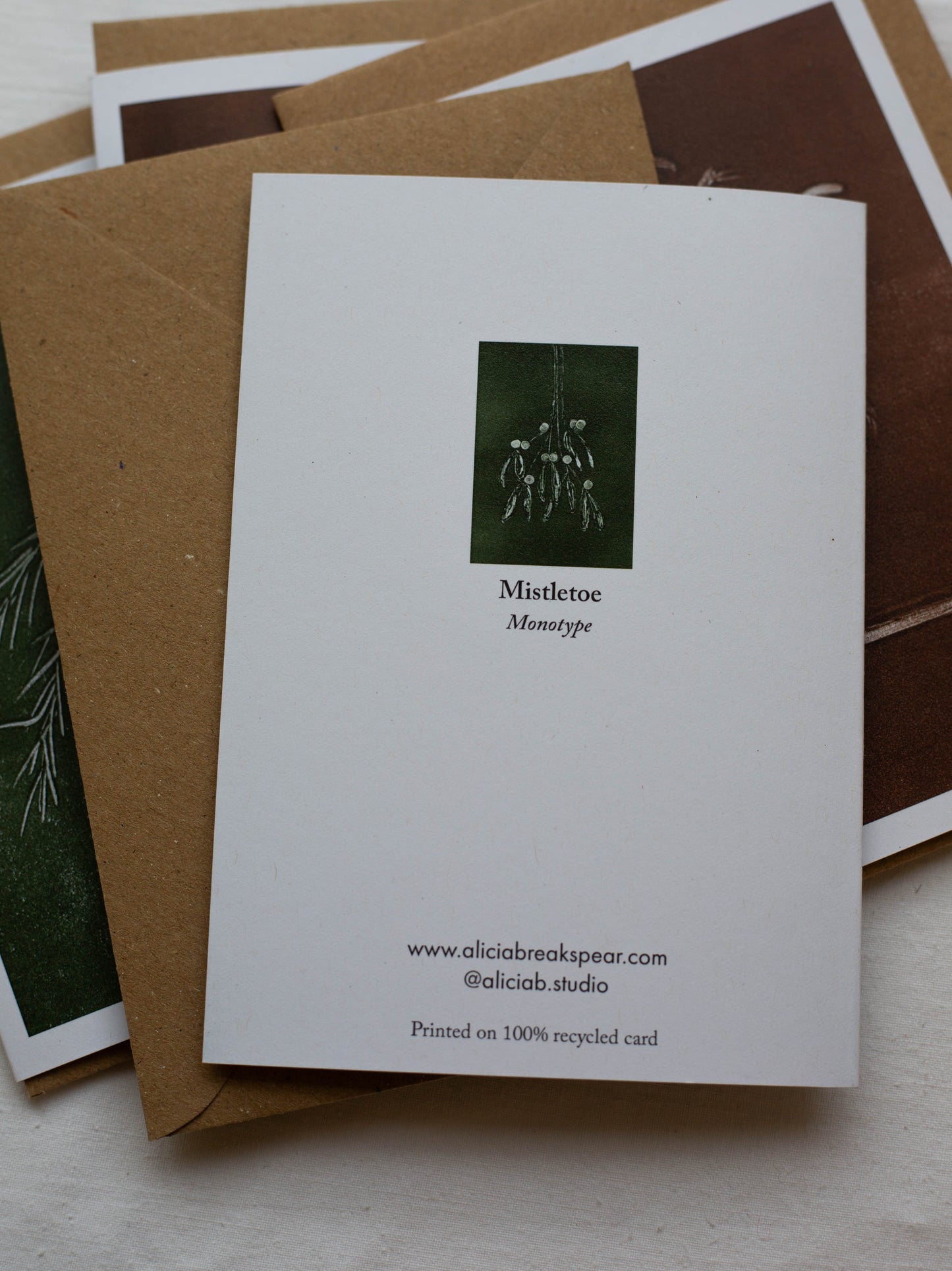 Set of 4 Botanical Christmas Cards – Pine, Candlestick, Mistletoe & Foliage – Handmade Monotype Pack