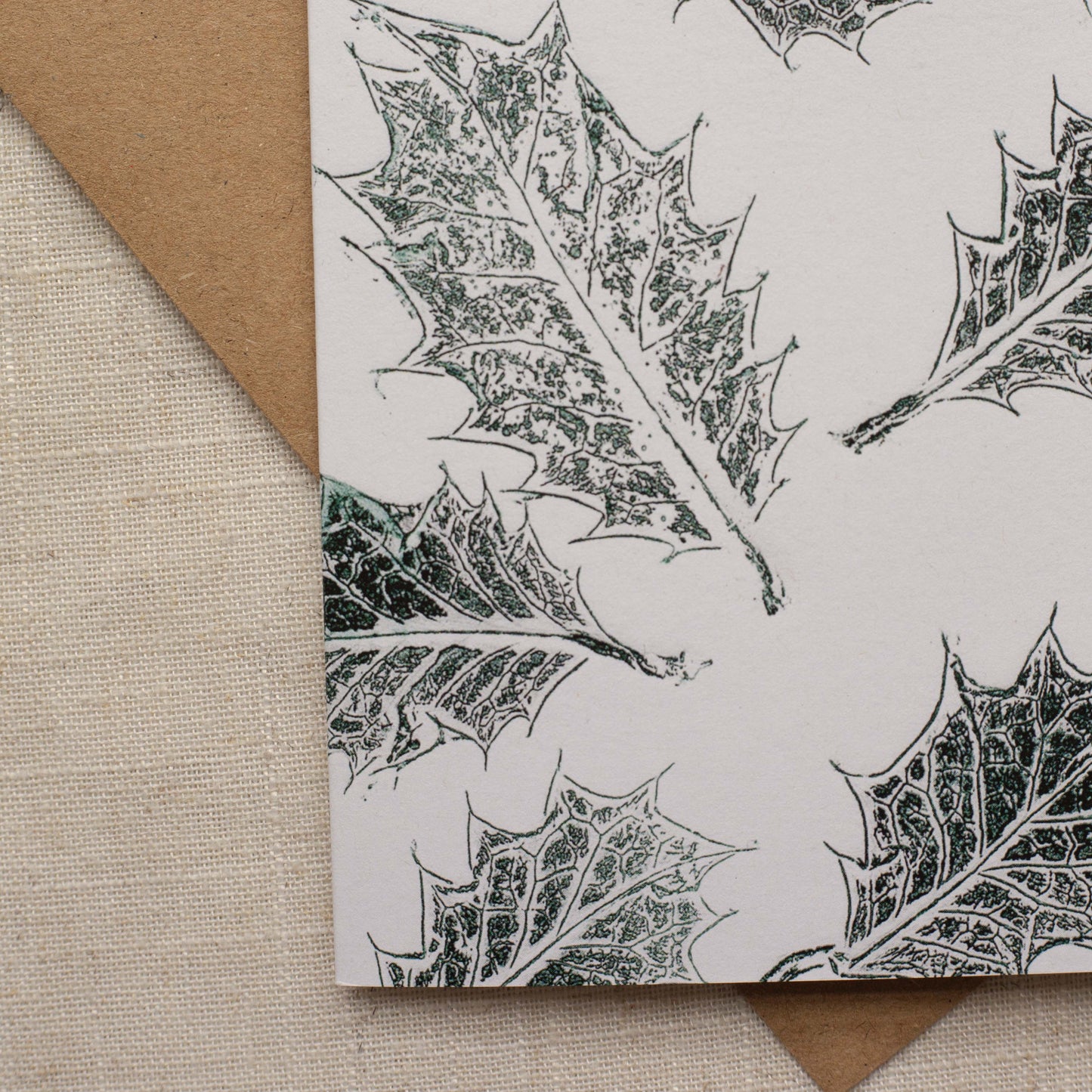Close up of holly leave monoprint christmas card
