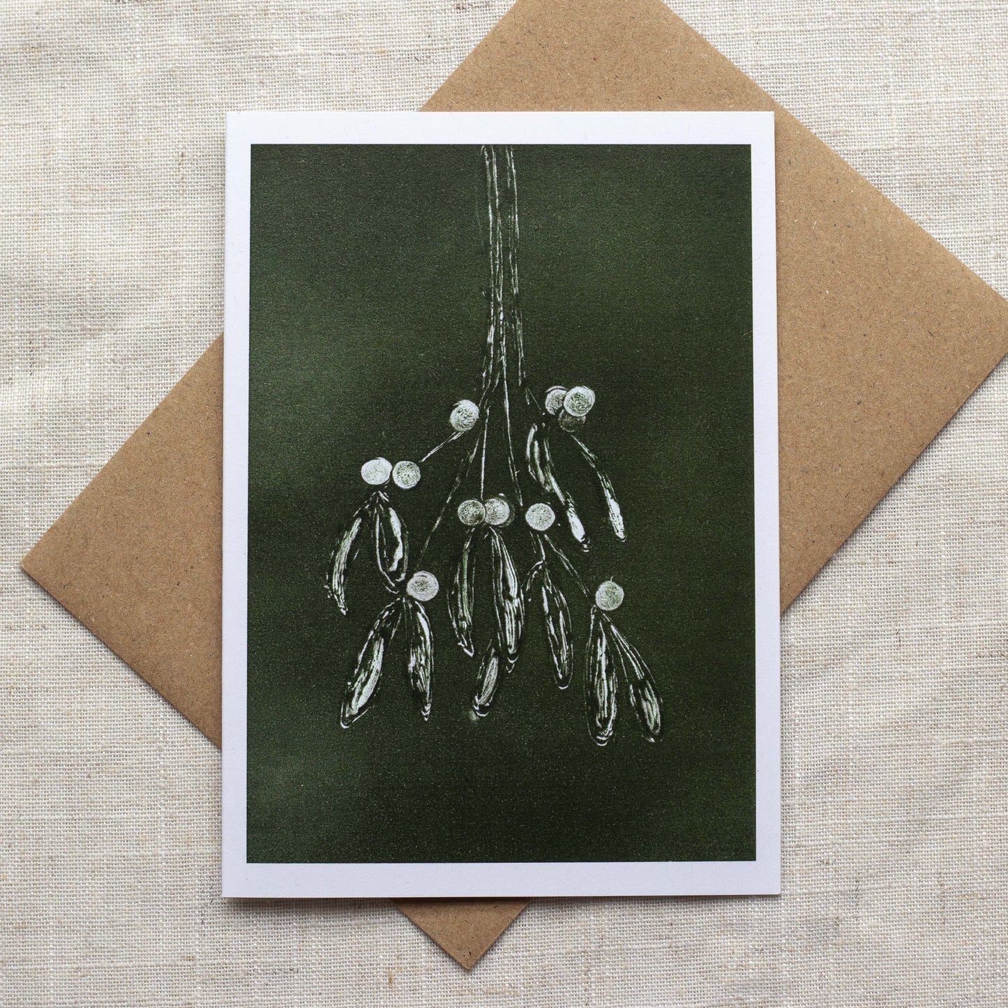 Set of 4 Botanical Christmas Cards – Pine, Candlestick, Mistletoe & Foliage – Handmade Monotype Pack