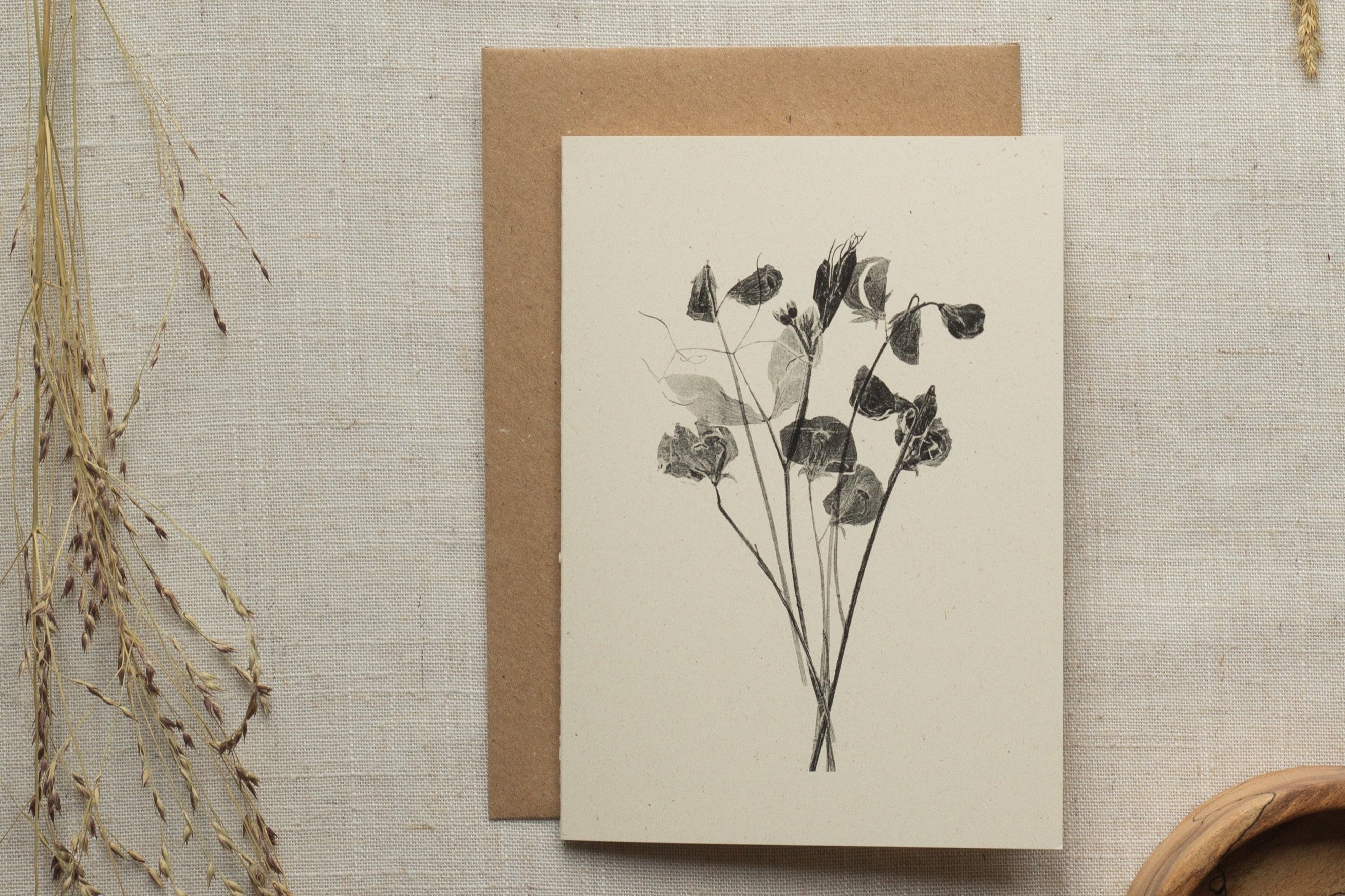 A6 Sweet Peas greeting card, black ink on ivory paper