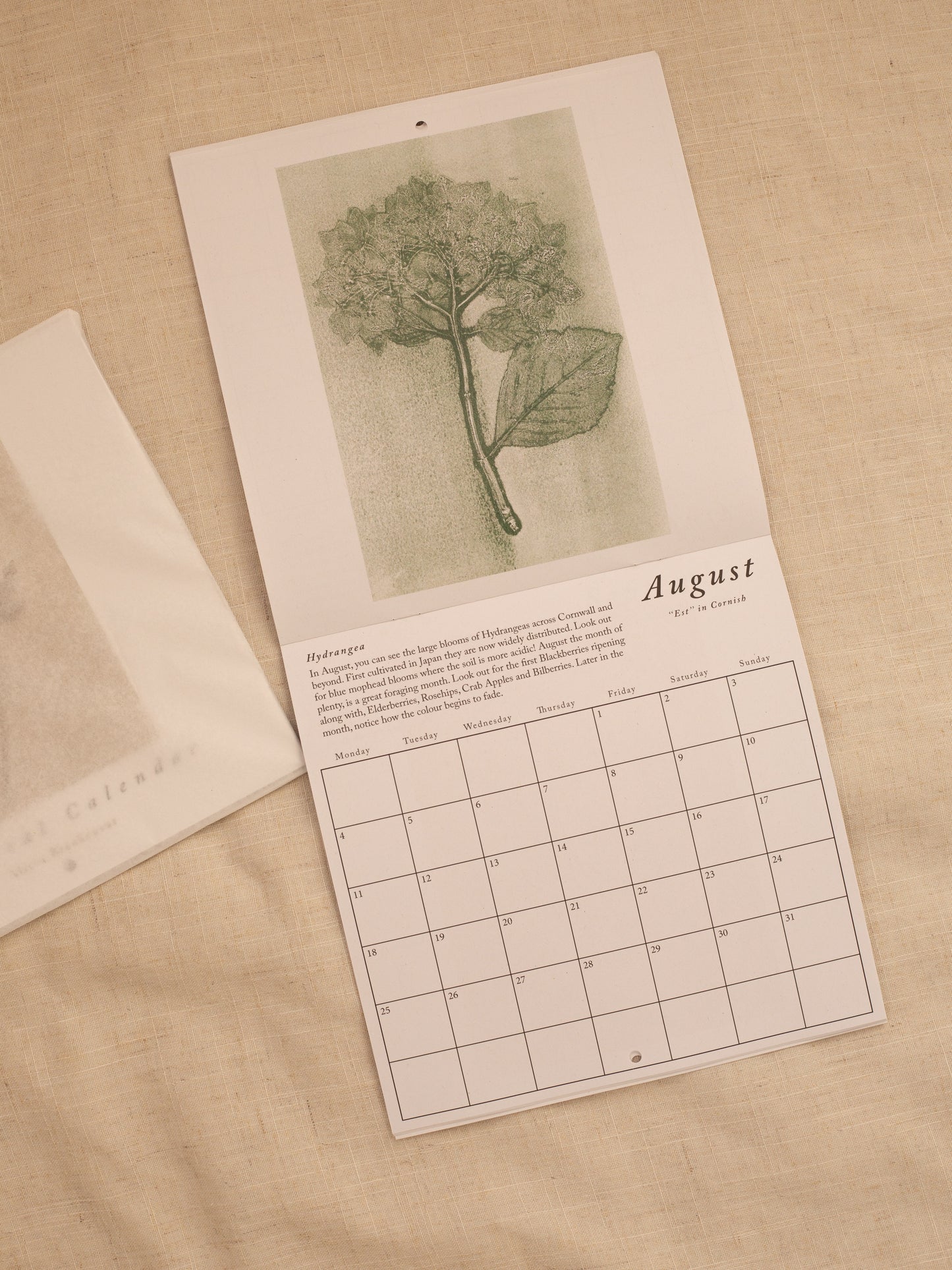 August in the 2025 calendar featuring a ghost print of some 
Hydrangea flowers