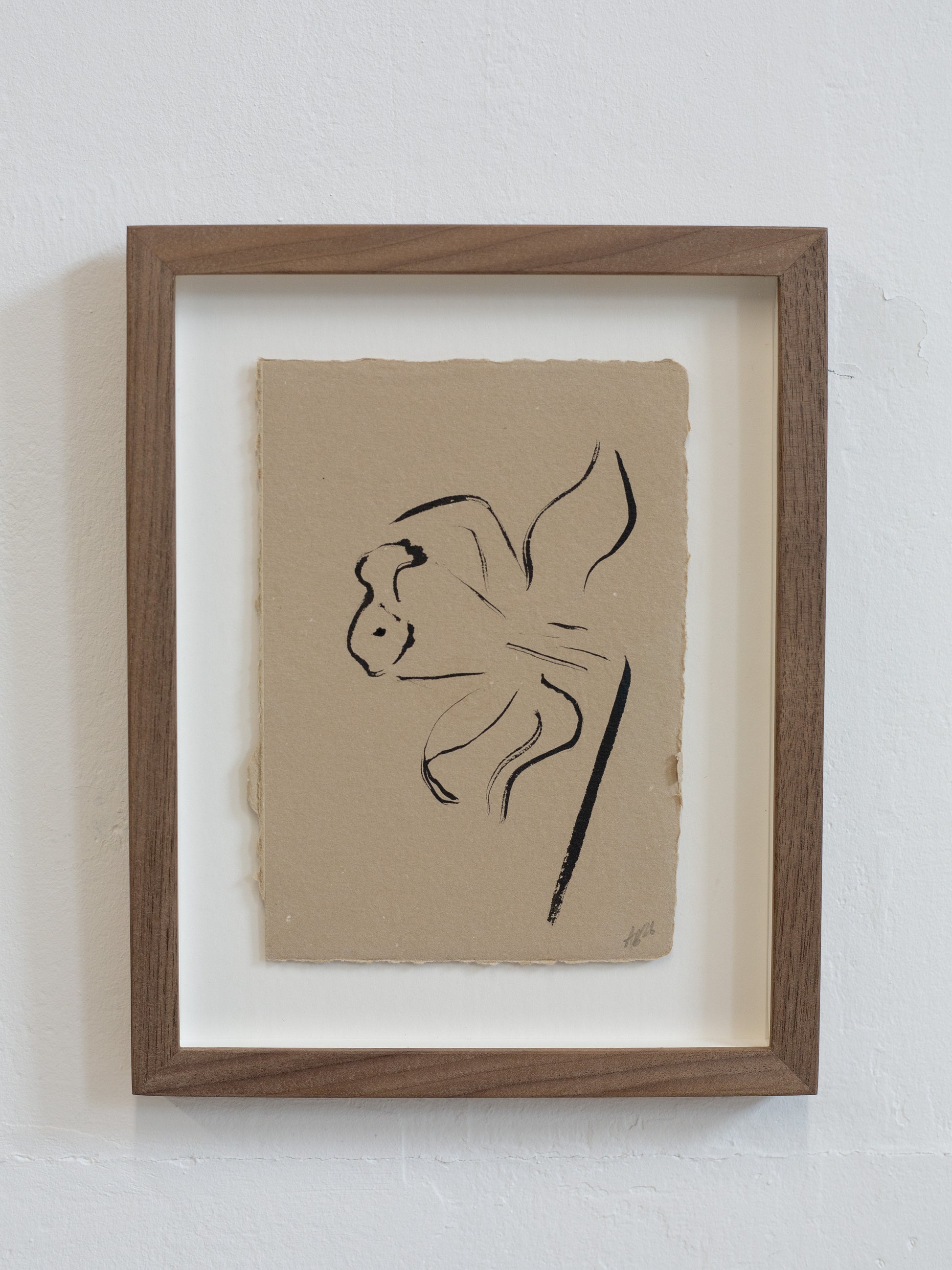 Framed artwork of a Daffodil on beige paper with a wooden frame.