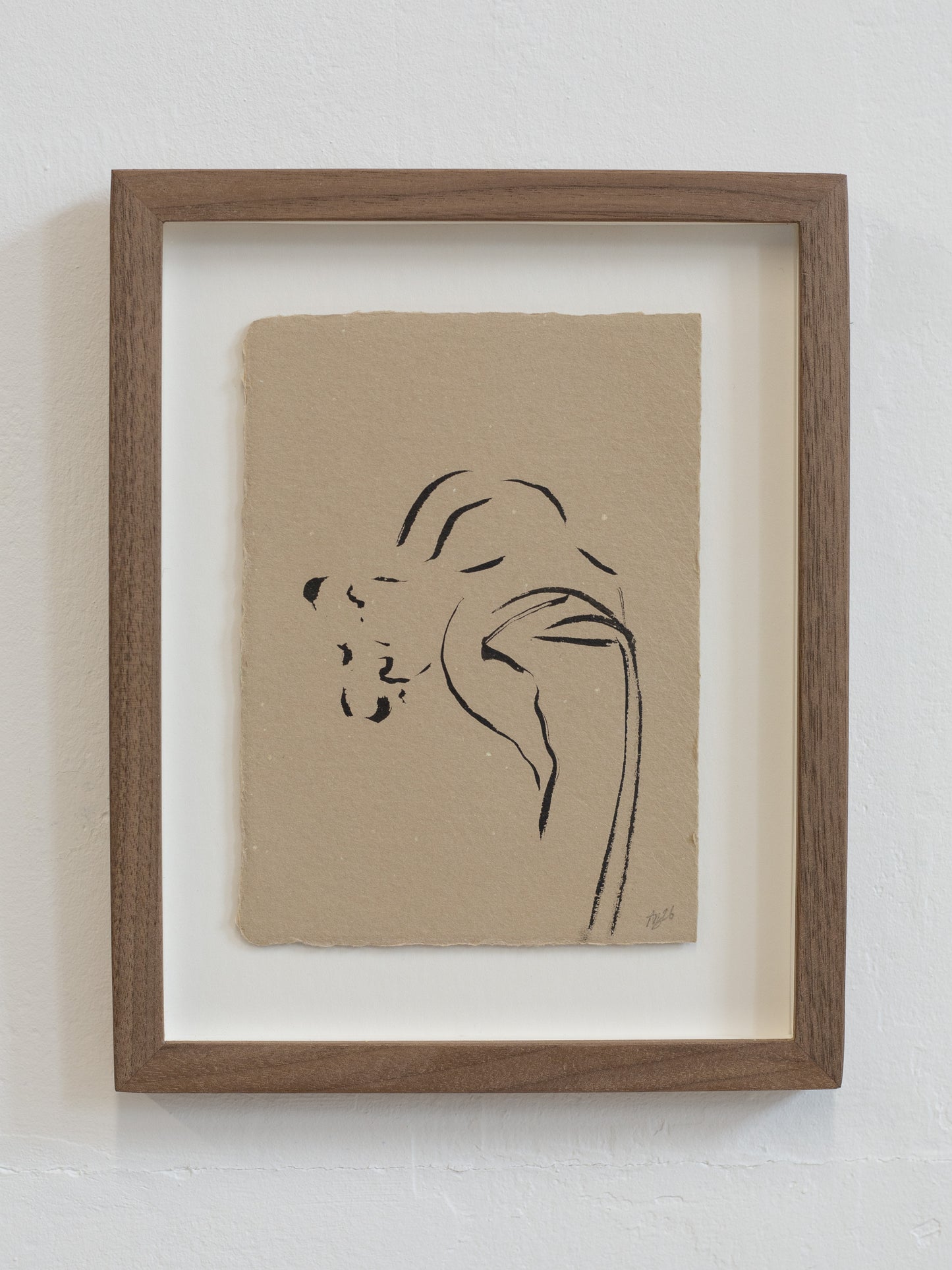 Framed minimalist floral line art of a daffodil on beige paper against a white wall.