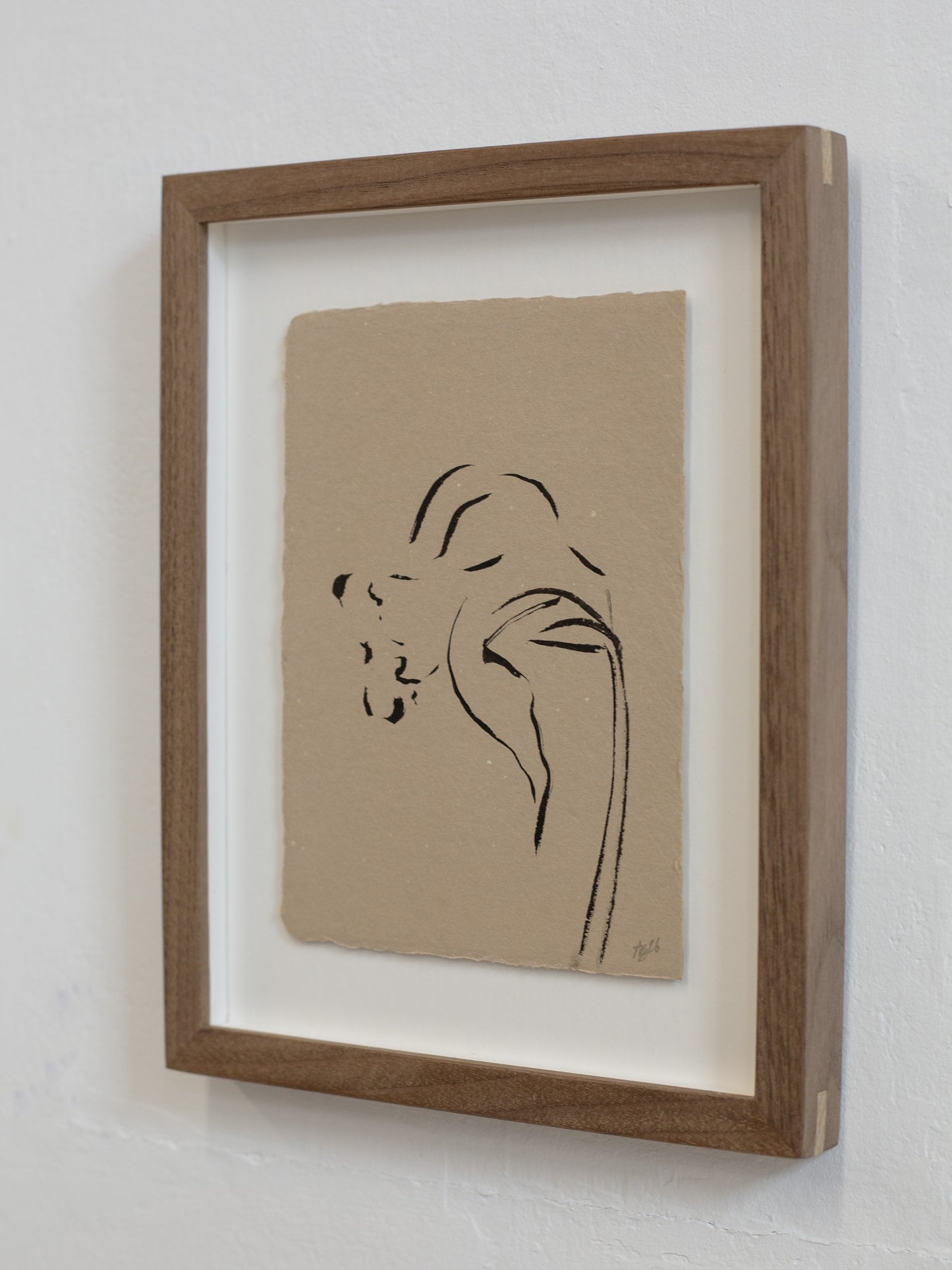 Framed line drawing of a daffodil on beige paper against a white wall