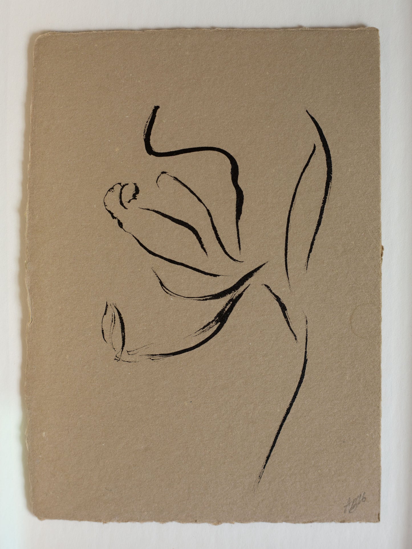 Black line drawing of a flower on handmade paper