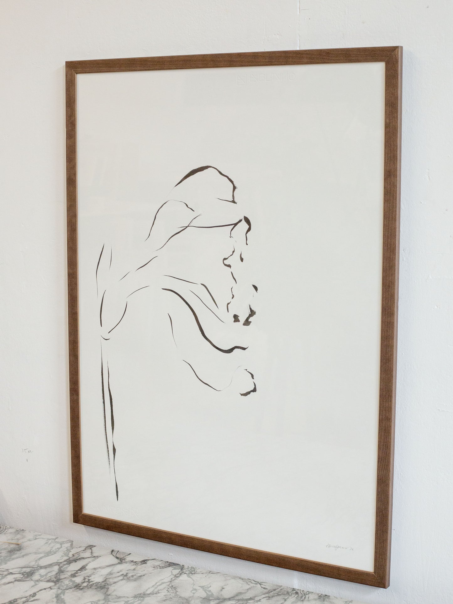 Daffodil indian ink drawing in a dark wood frame 