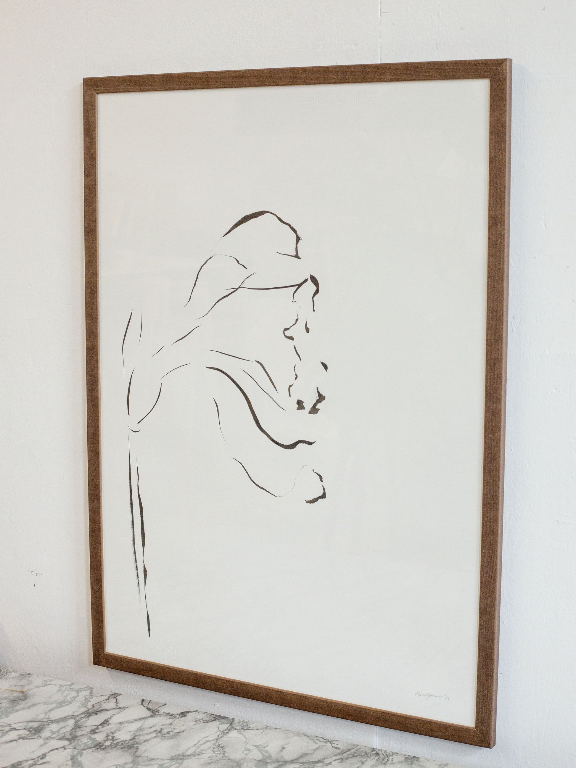 Daffodil indian ink drawing in a dark wood frame 