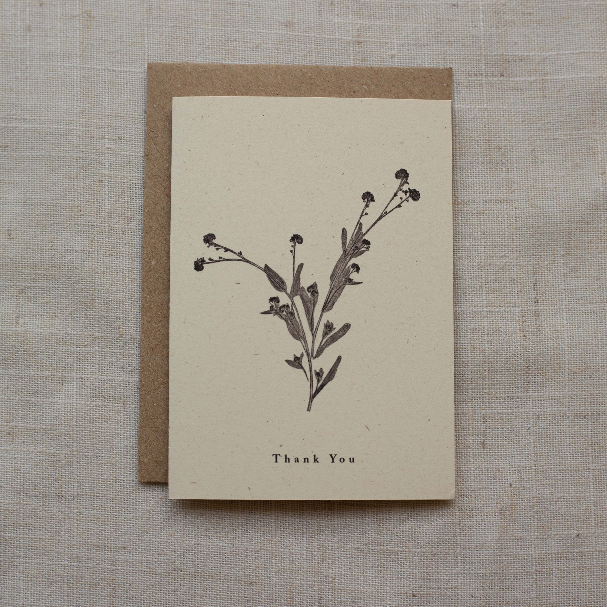 Greeting card with botanical design and 'Thank You' text on a matte surface