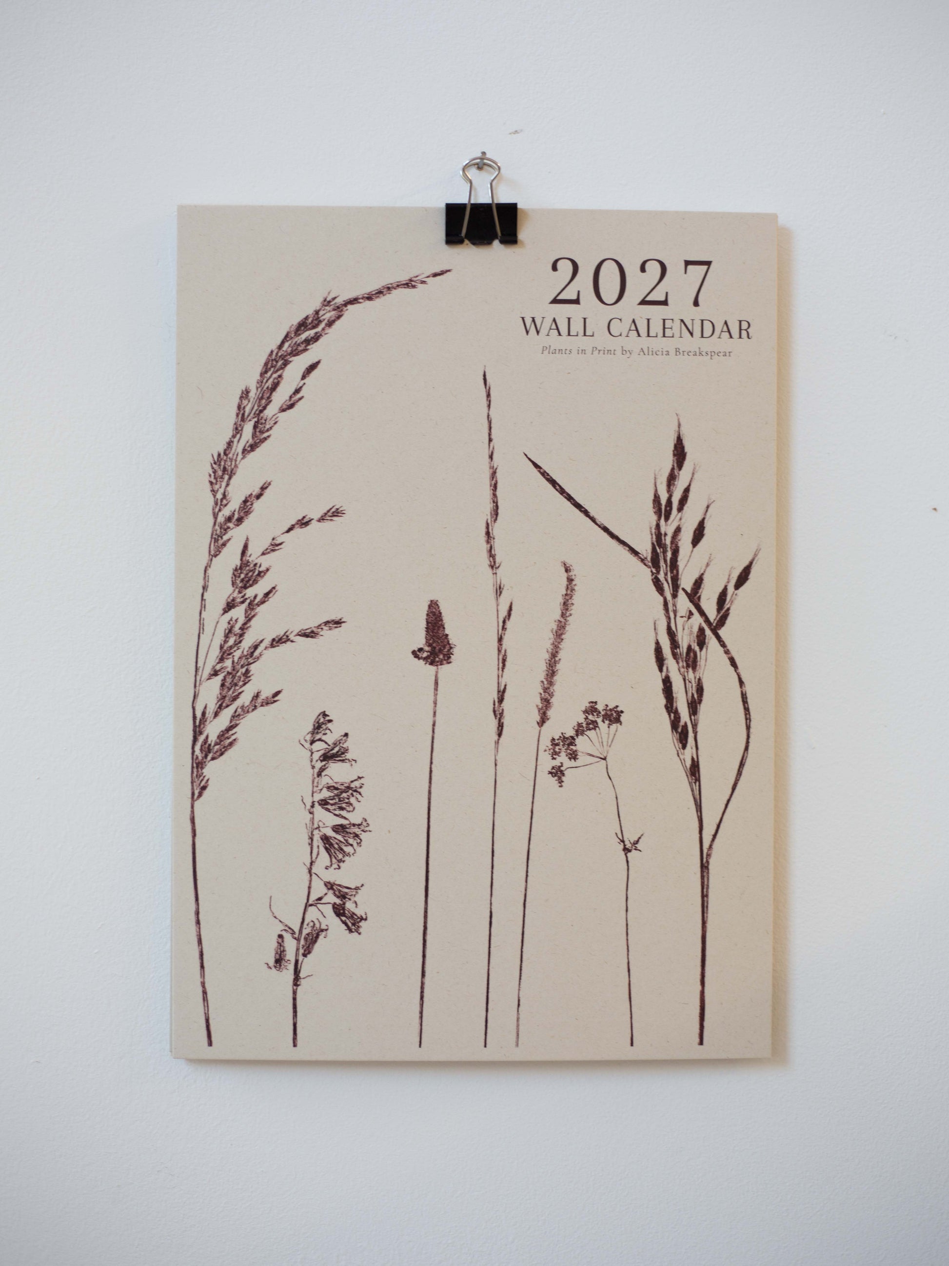 A 2027 wall calendar featuring botanical illustrations of wild grasses in dark brown on a warm beige background, hung on a white wall with a black binder clip.