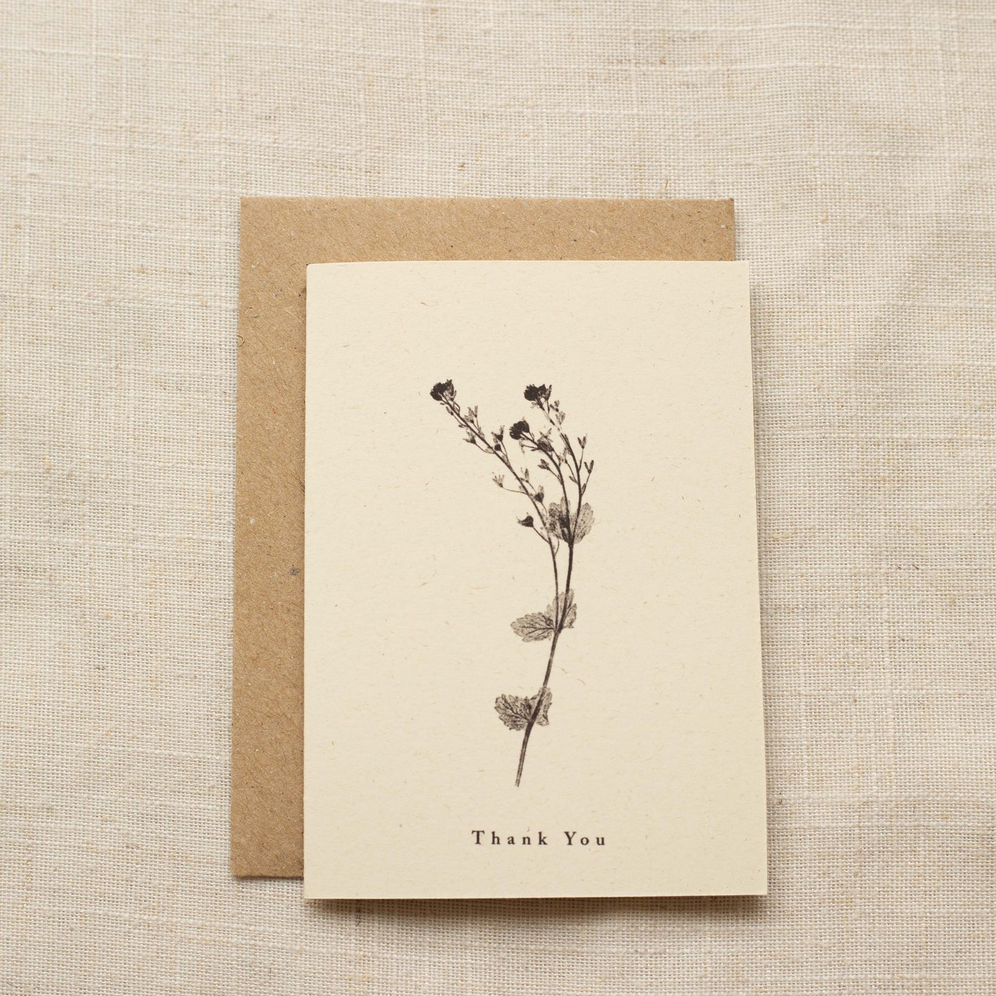 Greeting card with botanical design and 'Thank You' text on a beige background