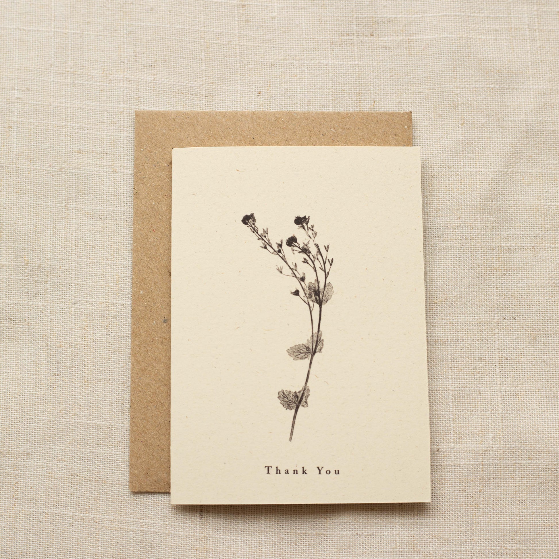 Greeting card with botanical design and 'Thank You' text on a beige background