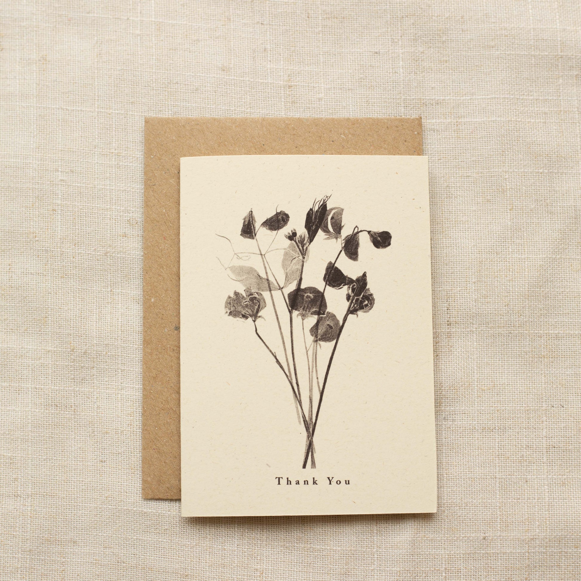 Greeting card with sweet peas and 'Thank You' text on a beige background